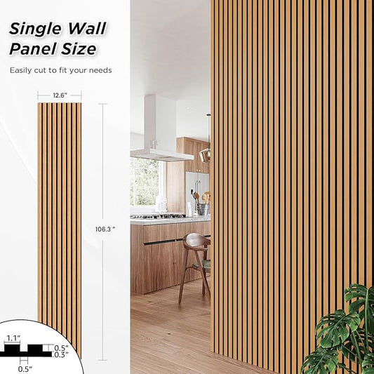 Smartstandard 4 Pack 106" x 12.6" Wood Slat Wall Panels, Soundproof Wooden Wall Panels, Acoustic Wood Panels for Wall, 3D Fluted Wood Panels for Interior Wall Decor, Light Brown