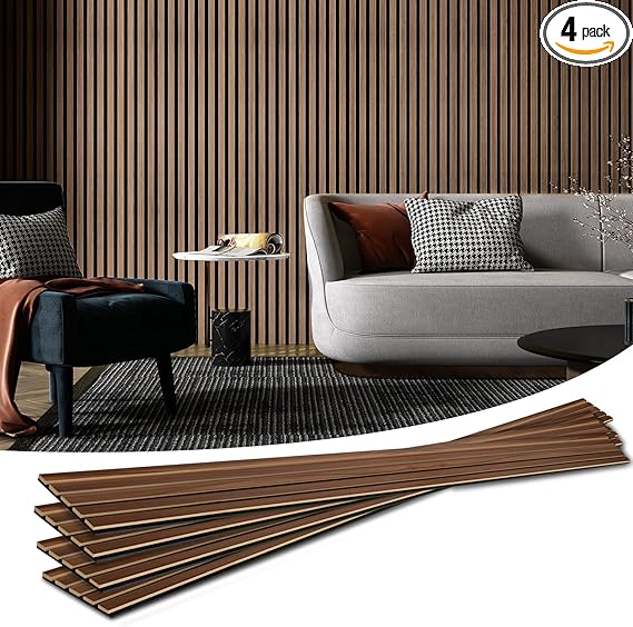Art3d 4-Piece Wood Slat Acoustic Panels for Stylish Decor and Noise Reduction, 3D Textured Panel for Ceiling and Wall, Walnut