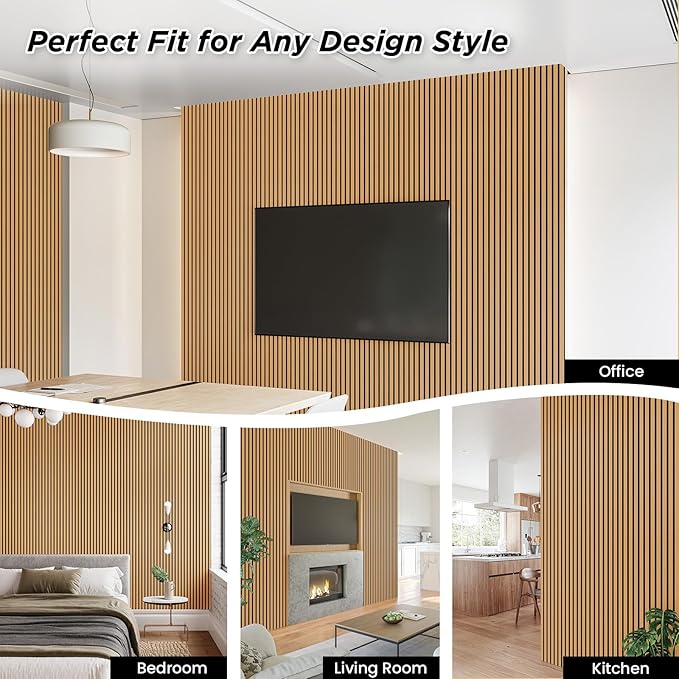 Smartstandard 4 Pack 106" x 12.6" Wood Slat Wall Panels, Soundproof Wooden Wall Panels, Acoustic Wood Panels for Wall, 3D Fluted Wood Panels for Interior Wall Decor, Light Brown